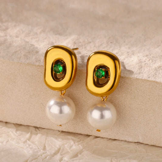 Boucles d'Oreilles Élégantes avec Perles Imitation, Zircone Verte